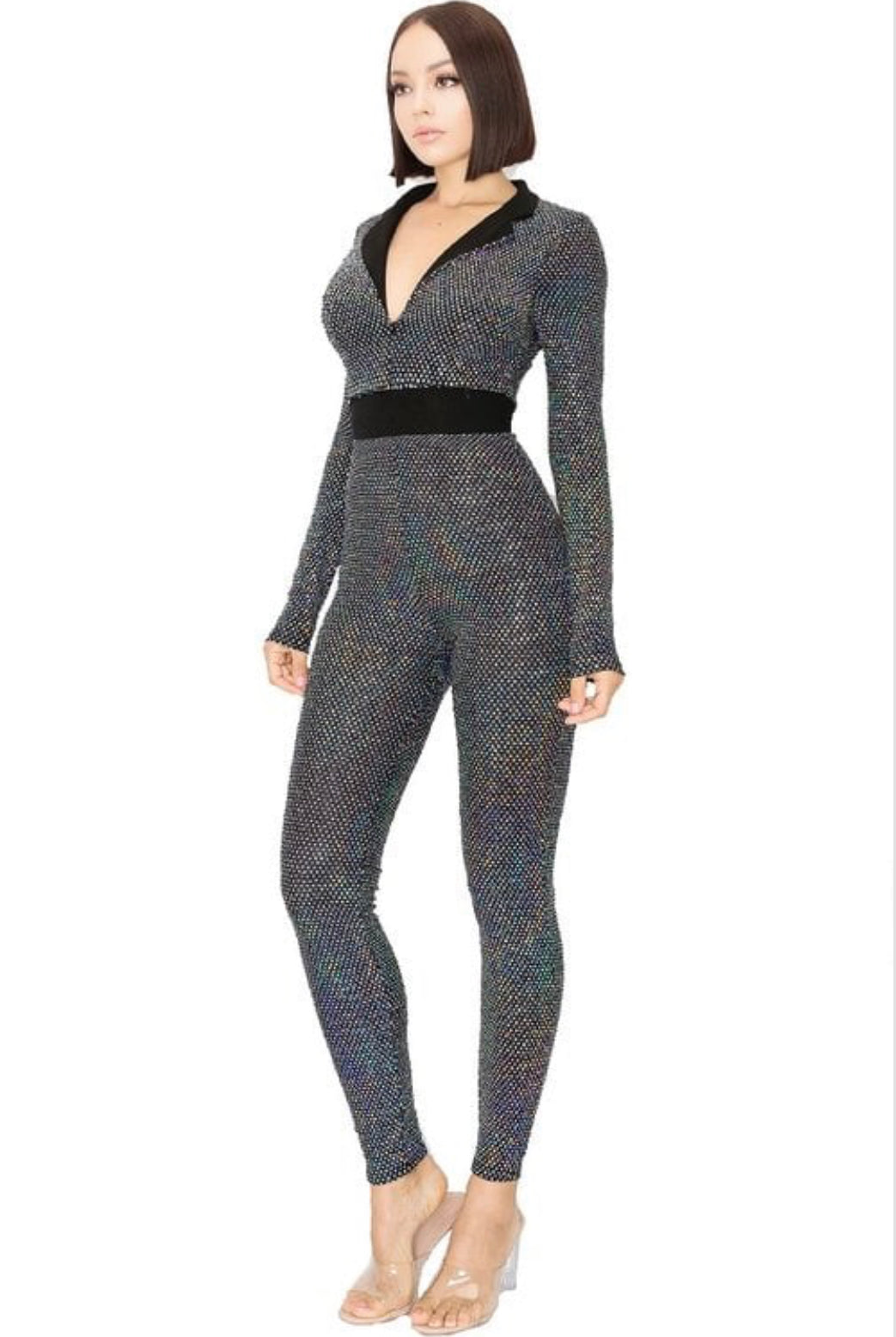 LONG SLEEVE SEQUIN DEEP V NECK JUMPSUIT New Arrival