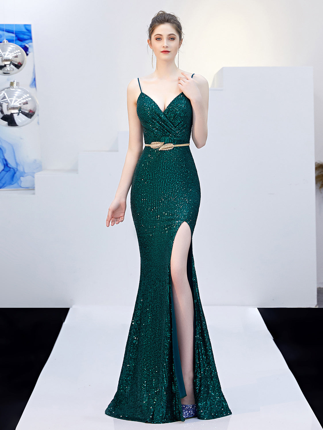 Sexy Sequin High Split Evening Dress With Belt - BEYOU Apparel and Accessories