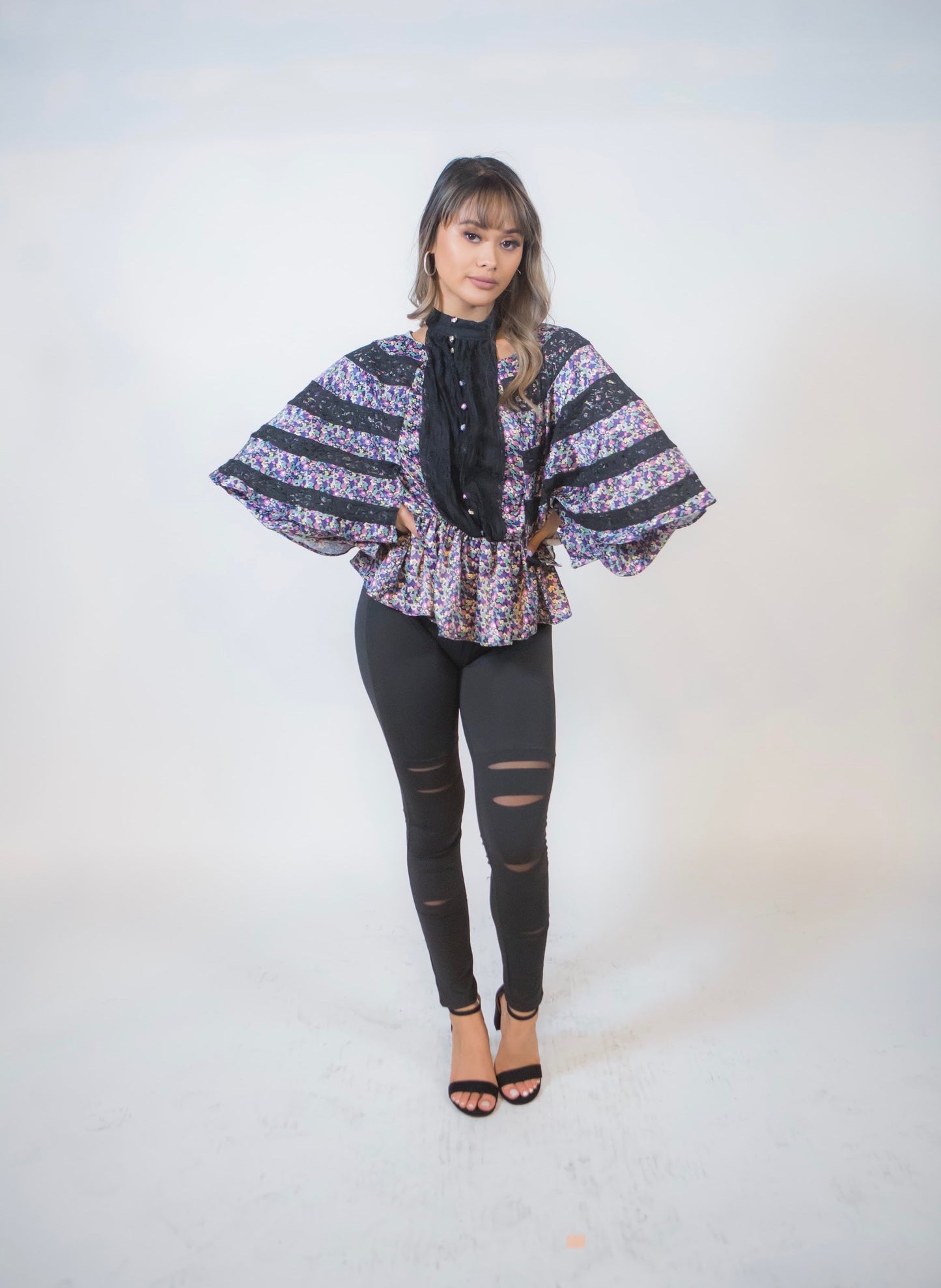 STAND COLLAR LANTERN PATCHWORK LONG SLEEVE TOP - BEYOU Apparel and Accessories, LLC