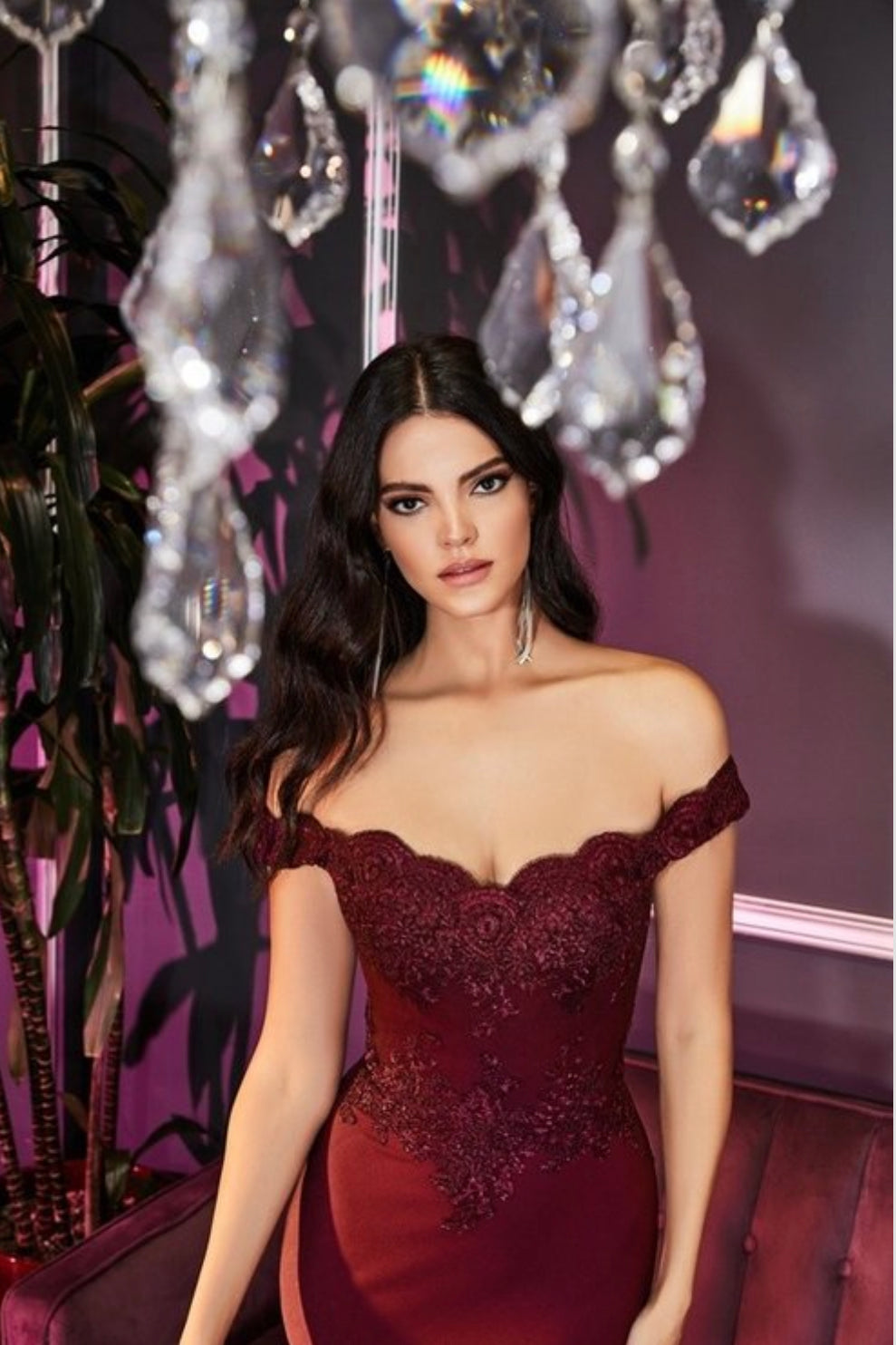 Off The Shoulder Fitted Gown With Ace Appliqué Details And Stretch Jersey Maxi Dress - BEYOU Apparel and Accessories