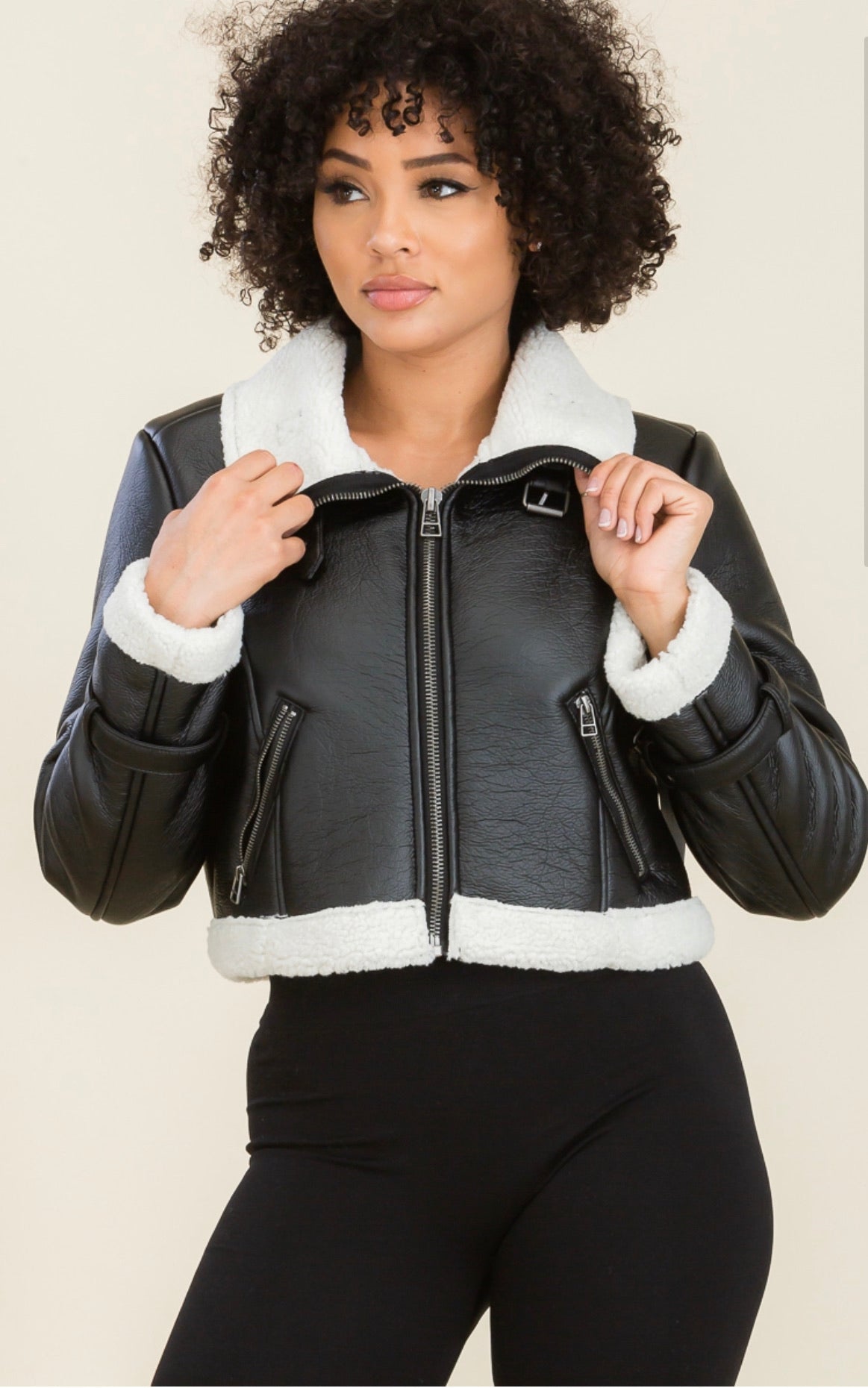 Faux Leather Cropped Shearing Jacket - BEYOU Apparel and Accessories, LLC
