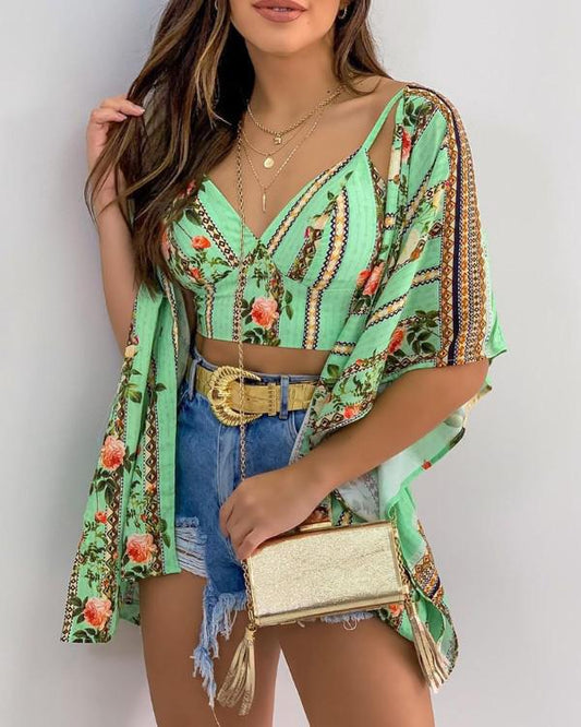 2 Piece Classic Floral Casual Women Crop Top with Cover Up - BEYOU Apparel and Accessories