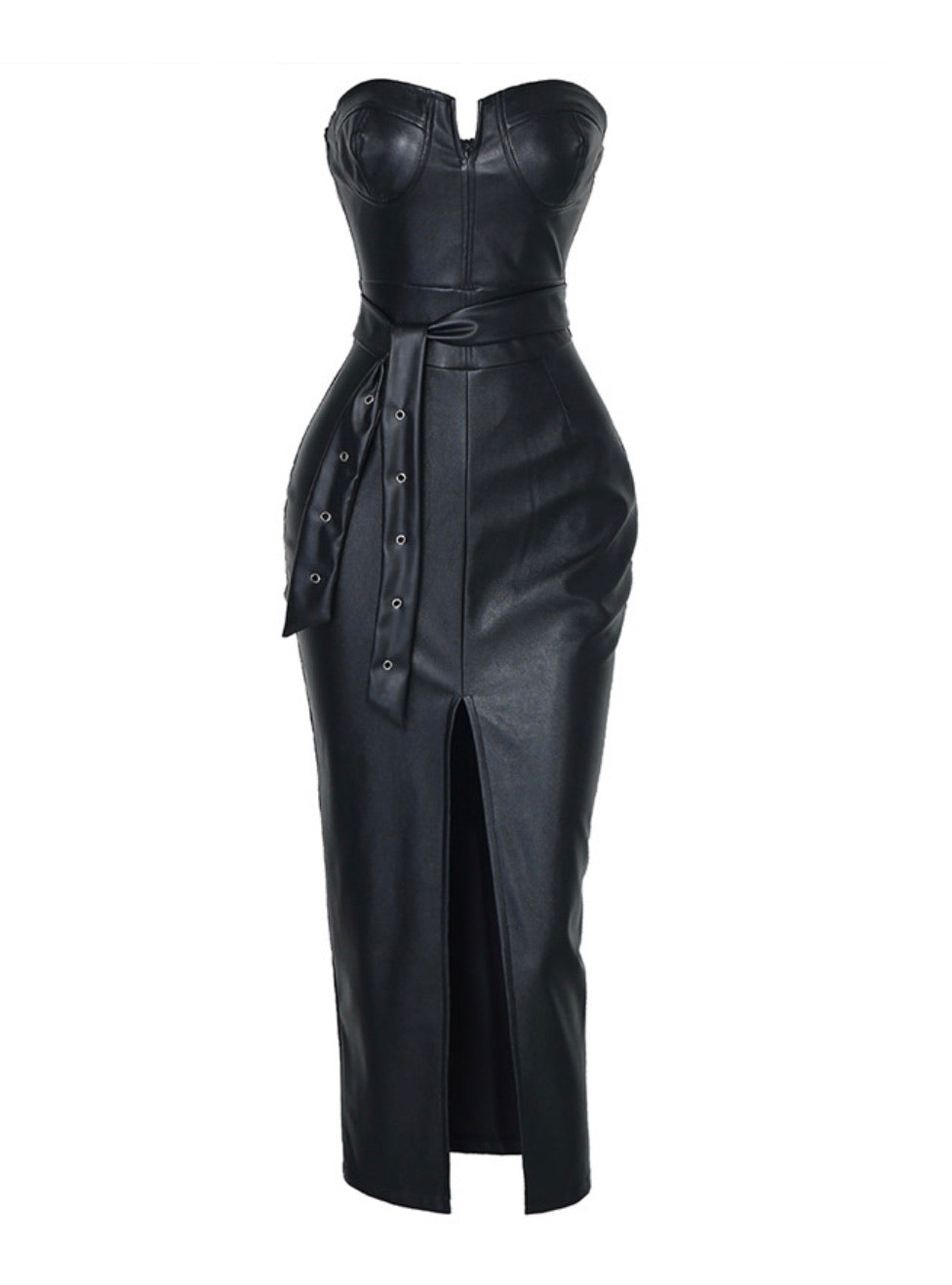 STRAPLESS FRONT SPLIT PU SOLID MIDI DRESS - BEYOU Apparel and Accessories, LLC