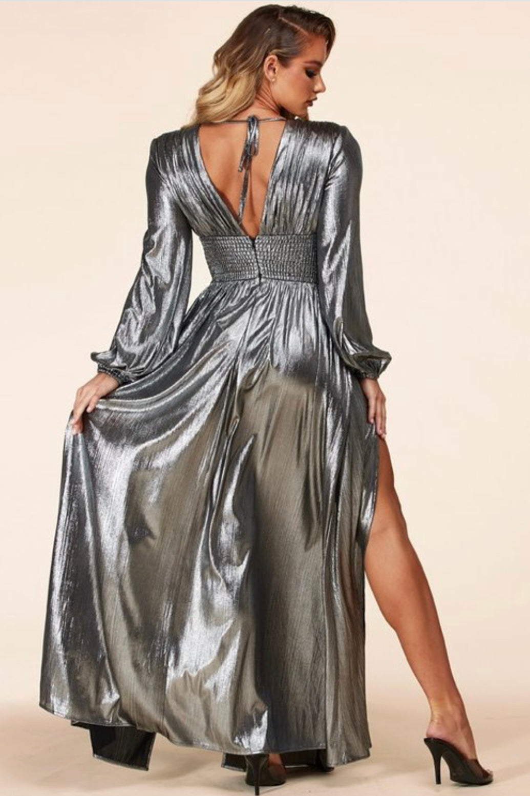 New Arrival Rustic Metallic Maxi Dress Features Surplice V neck, Smocked Waistband Atop Gathered Skirt Embellished with Rhinestone-encrusted Belt. - BEYOU Apparel and Accessories