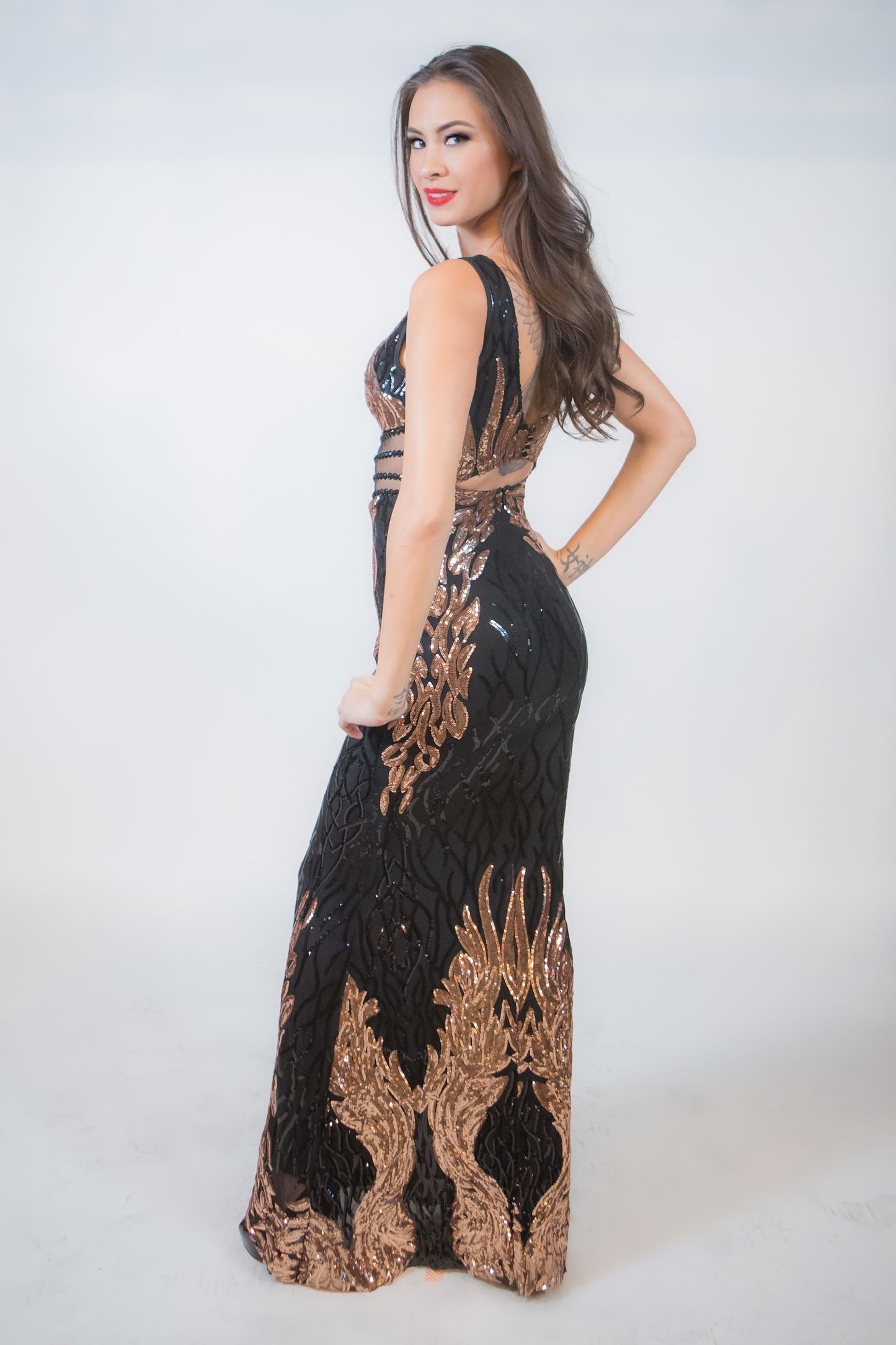 SEQUINED V NECK FITTED SLEEVELESS MAXI DRESS - BEYOU Apparel and Accessories, LLC