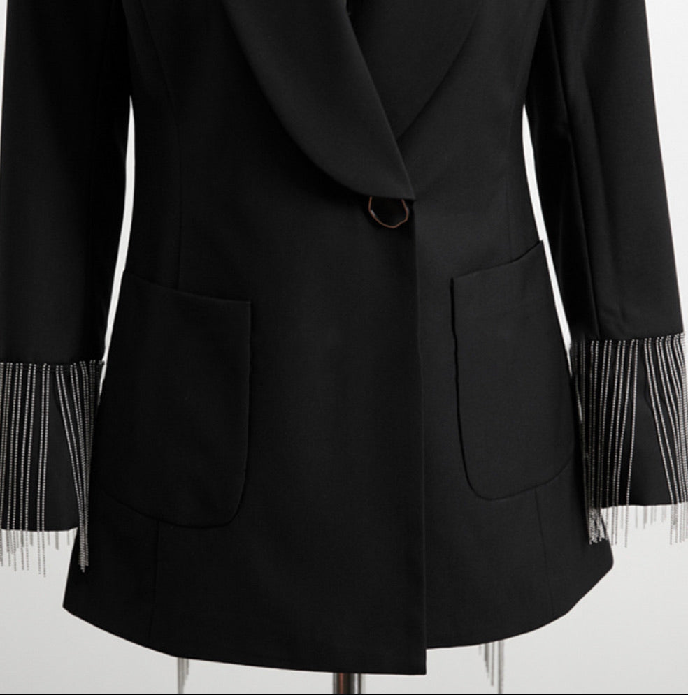 TASSEL DECOR BACKLESS WOMEN BLAZER - BEYOU Apparel and Accessories, LLC
