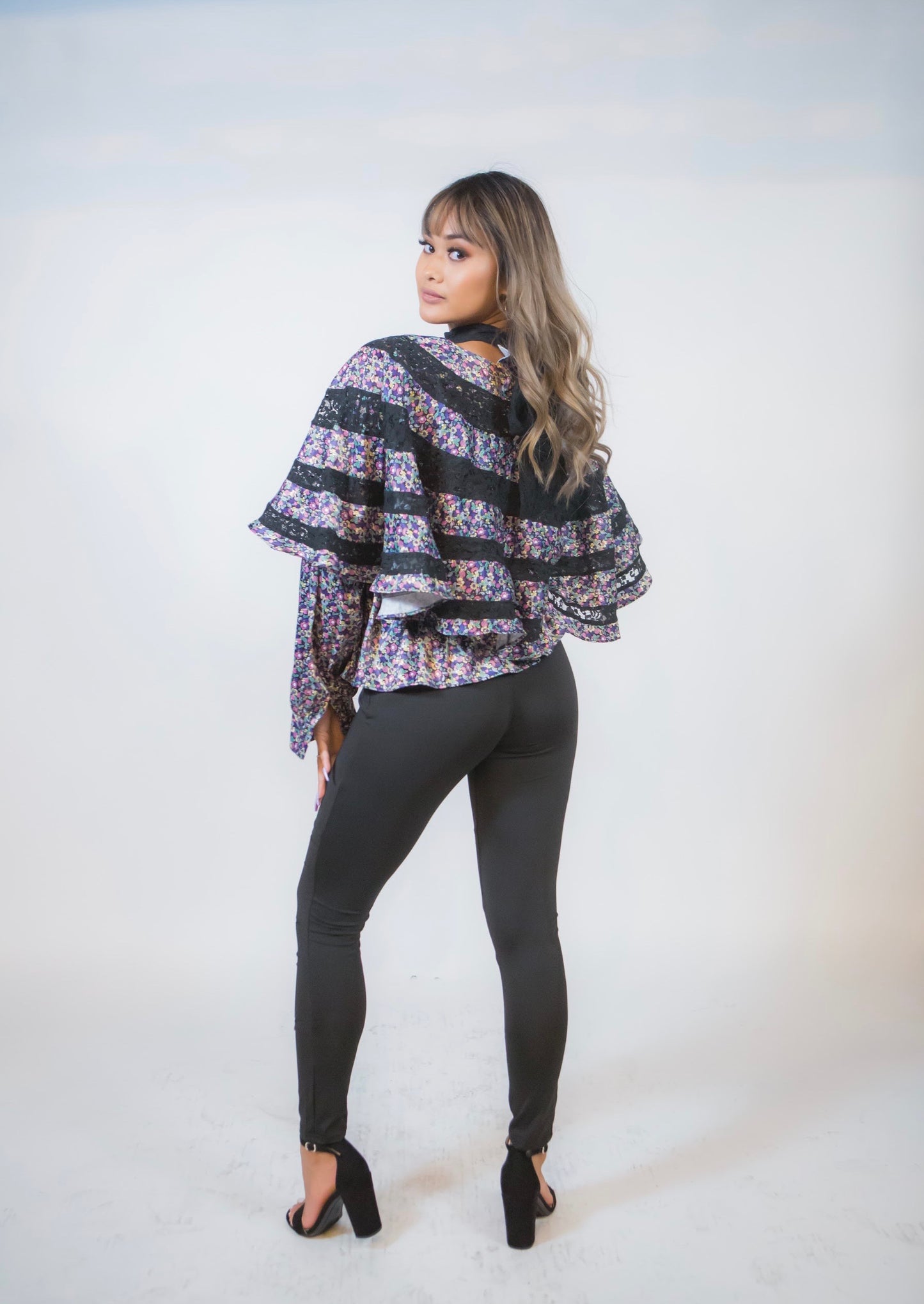 STAND COLLAR LANTERN PATCHWORK LONG SLEEVE TOP - BEYOU Apparel and Accessories, LLC