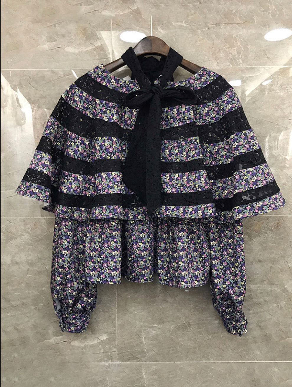 STAND COLLAR LANTERN PATCHWORK LONG SLEEVE TOP - BEYOU Apparel and Accessories, LLC