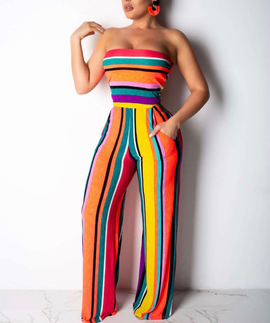 Sexy Comfortable Colorful Striped Strapless Jumpsuit - BEYOU Apparel and Accessories, LLC