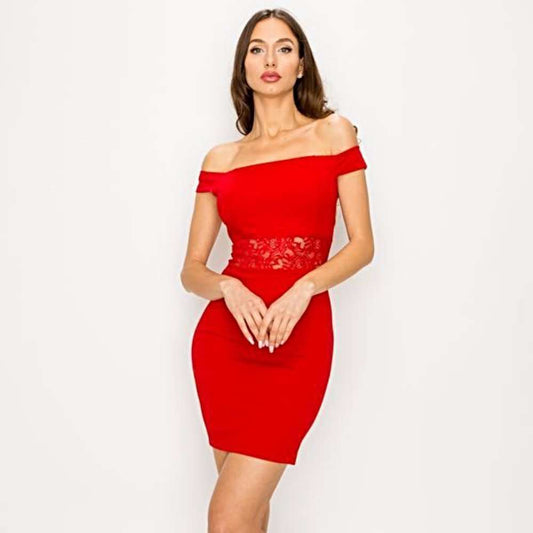 RED LACE WAIST BODYCON MINI DRESS - BEYOU Apparel and Accessories, LLC