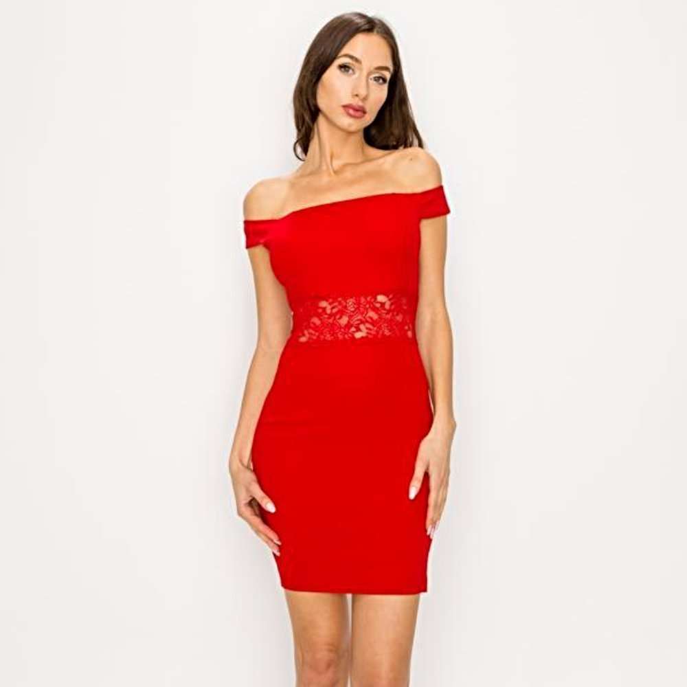 RED LACE WAIST BODYCON MINI DRESS - BEYOU Apparel and Accessories, LLC