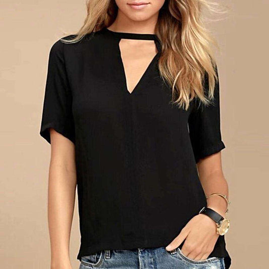 KEYHOLE NECK SOLID BLACK SHORT SLEEVE TOP - BEYOU Apparel and Accessories, LLC