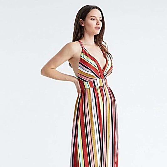 RAINBOW STRIPED COLORFUL PRINT SLEEVELESS MAXI DRESS - BEYOU Apparel and Accessories, LLC