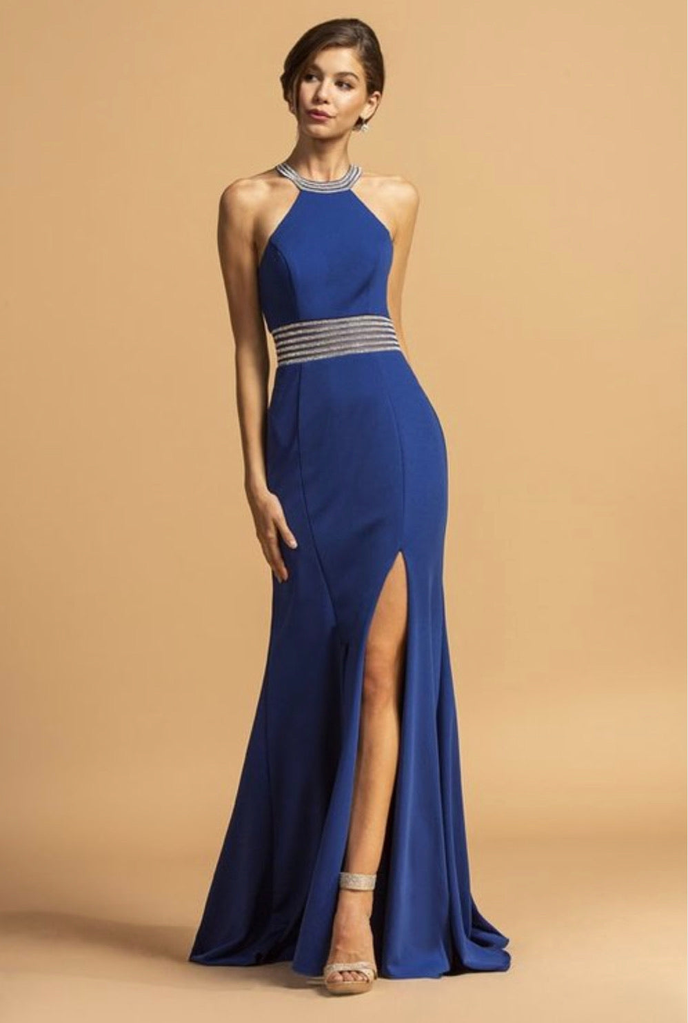 Royal Blue Halter Long Dress Cut-Out Back with Slit - BEYOU Apparel and Accessories