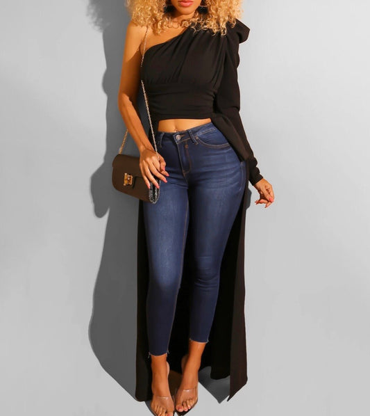 INCLINED SHOULDER ONE SIDE LONG SLEEVE BACK CAPED STYLE TOP - BEYOU Apparel and Accessories, LLC