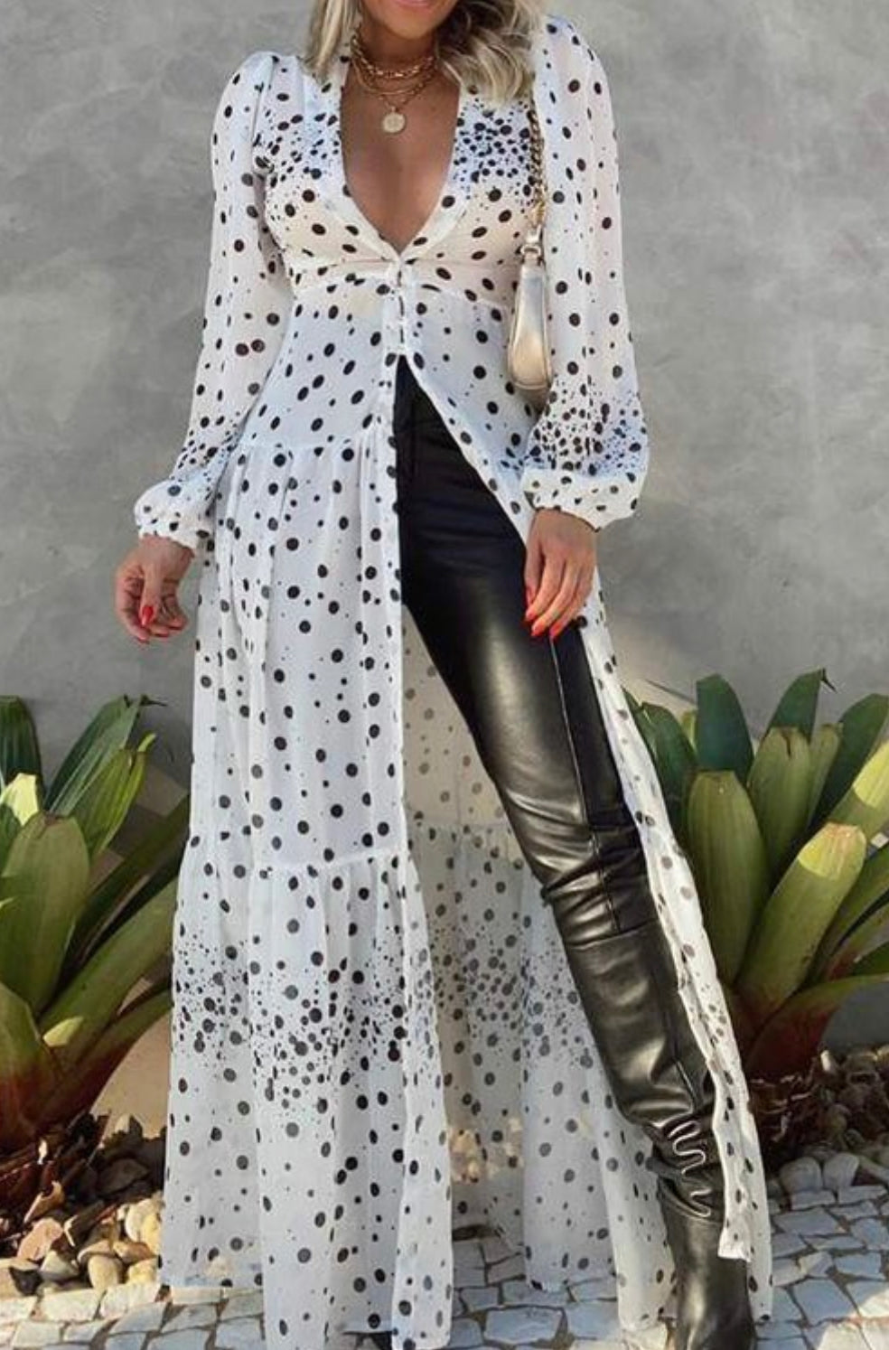 Polka Dot Long Sleeve Button Front Maxi Dress new arrival - BEYOU Apparel and Accessories