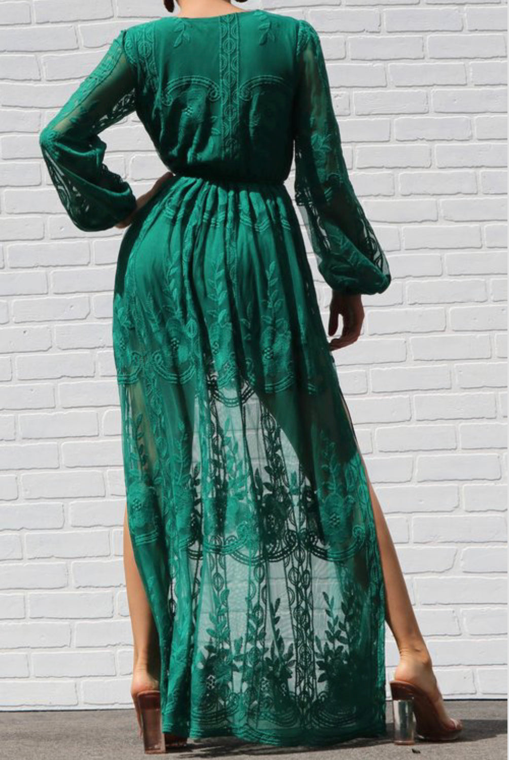 LACE PUFF LONG SLEEVES MAXI DRESS WITH BELT - BEYOU Apparel and Accessories