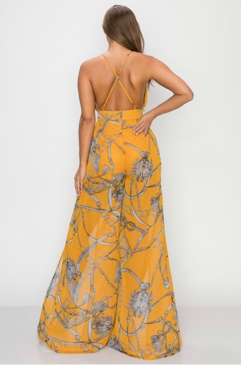 CHAIN PRINT CHIFFON STRAP/OPEN BACK TIE WAIST SLIT FRONT JUMPSUIT NEW ARRIVAL - BEYOU Apparel and Accessories