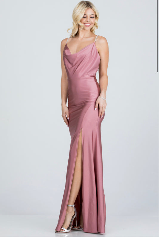 Satin Cowl Neck Shiny Tricot Open Side Gow Long Dress New Arrivals - BEYOU Apparel and Accessories, LLC