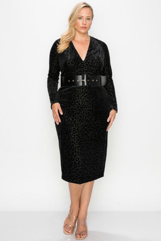 VELVET/MESH LEOPARD PATTERN LONG SLEEVE V NECK MIDI DRESS W/BELT NEW ARRIVAL - BEYOU Apparel and Accessories