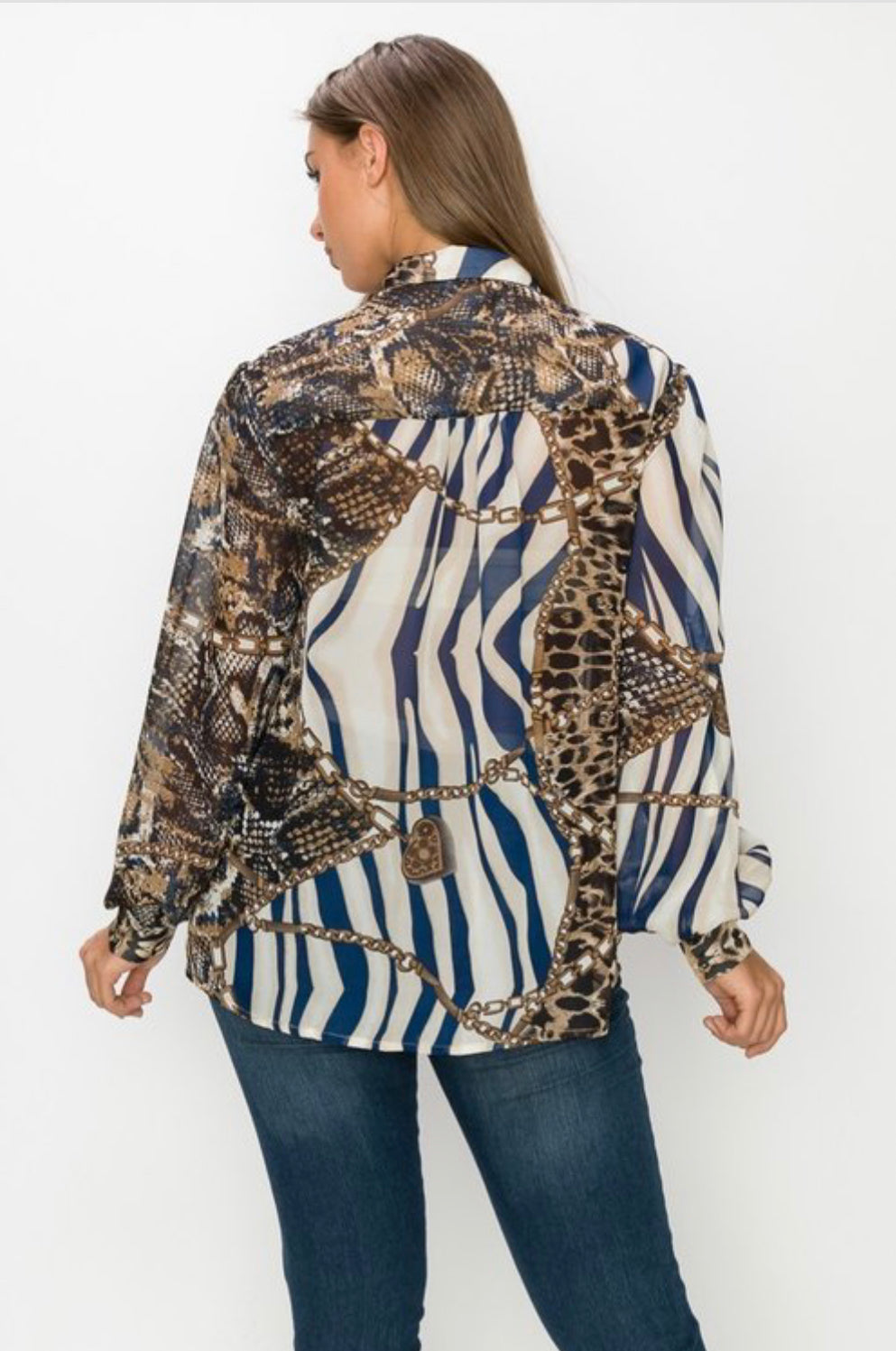 ZEBRA/ANIMAL/CHAIN PRINTED CHIFFON LONG SLEEVE BUTTON DOWN TOP NEW ARRIVAL - BEYOU Apparel and Accessories