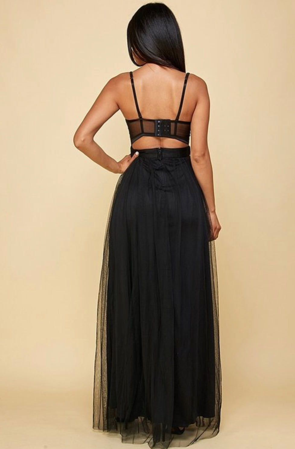 Sheer Mesh Bustier Bodice Cut Out Back With Hook & Eye Closures Maxi Dress - BEYOU Apparel and Accessories