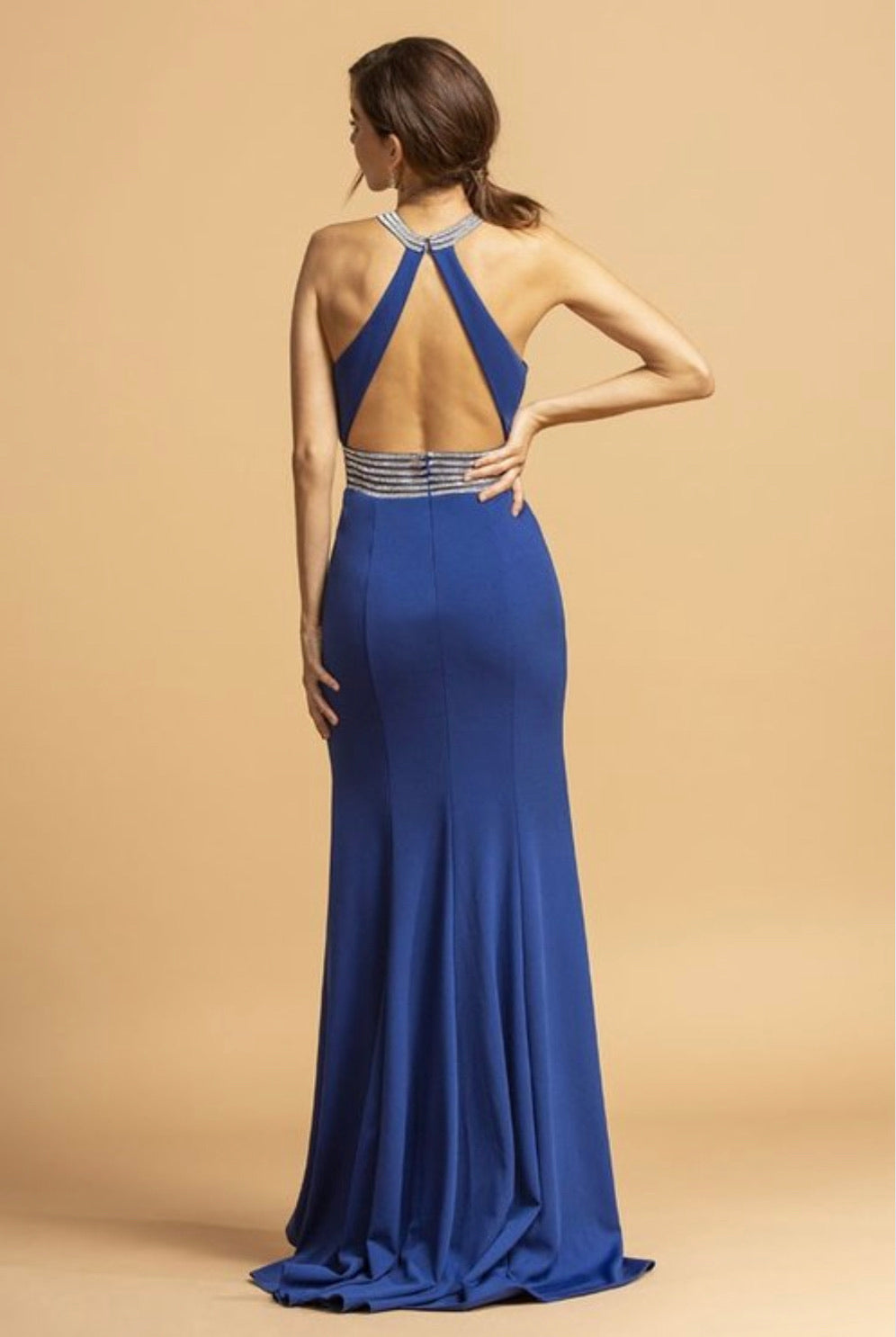 Royal Blue Halter Long Dress Cut-Out Back with Slit - BEYOU Apparel and Accessories