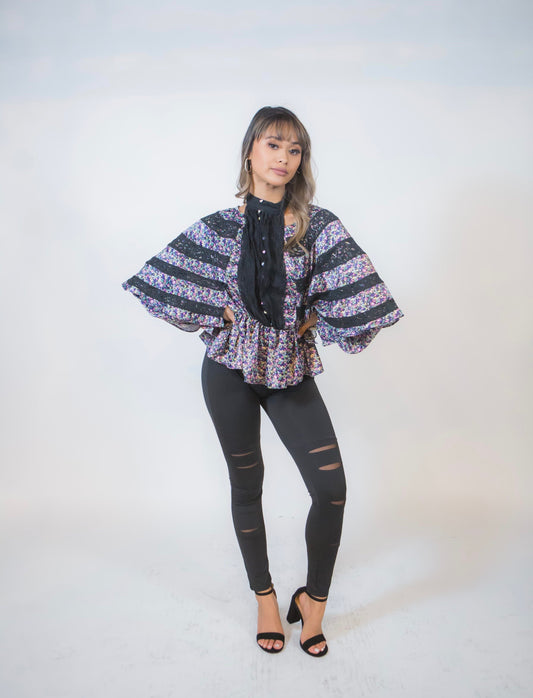 STAND COLLAR LANTERN PATCHWORK LONG SLEEVE TOP - BEYOU Apparel and Accessories, LLC