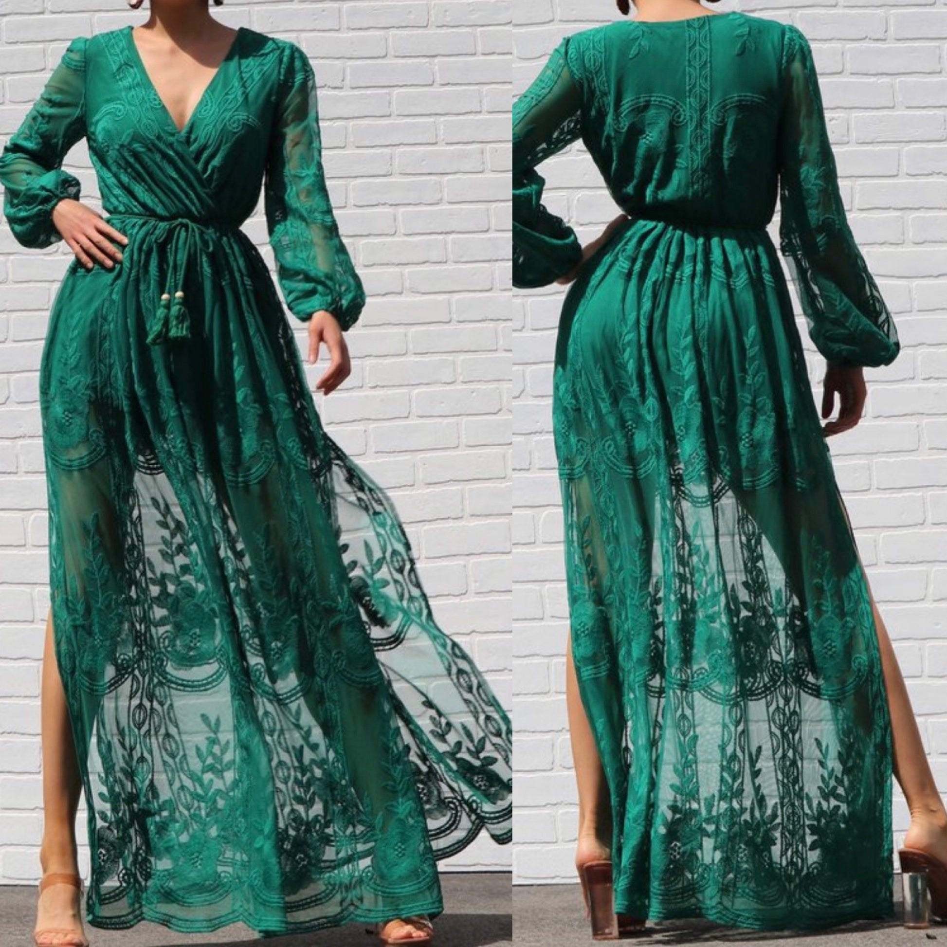 LACE PUFF LONG SLEEVES MAXI DRESS WITH BELT - BEYOU Apparel and Accessories