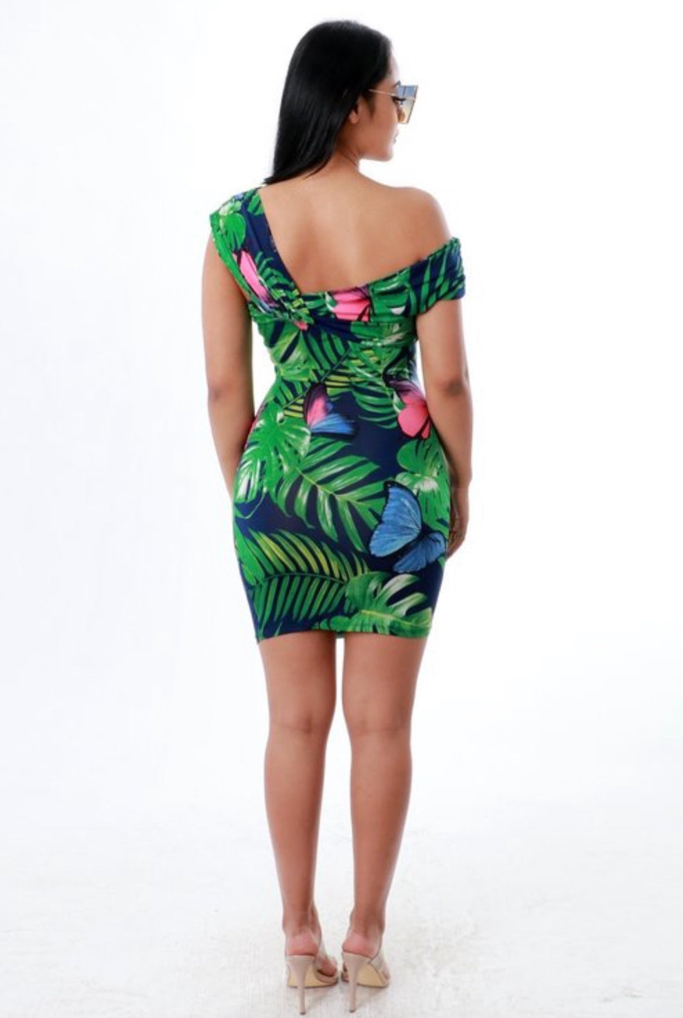 TROPICAL PATTERN UNBALANCED STRAP OFF SHOULDER BODYCON MINI DRESS - BEYOU Apparel and Accessories