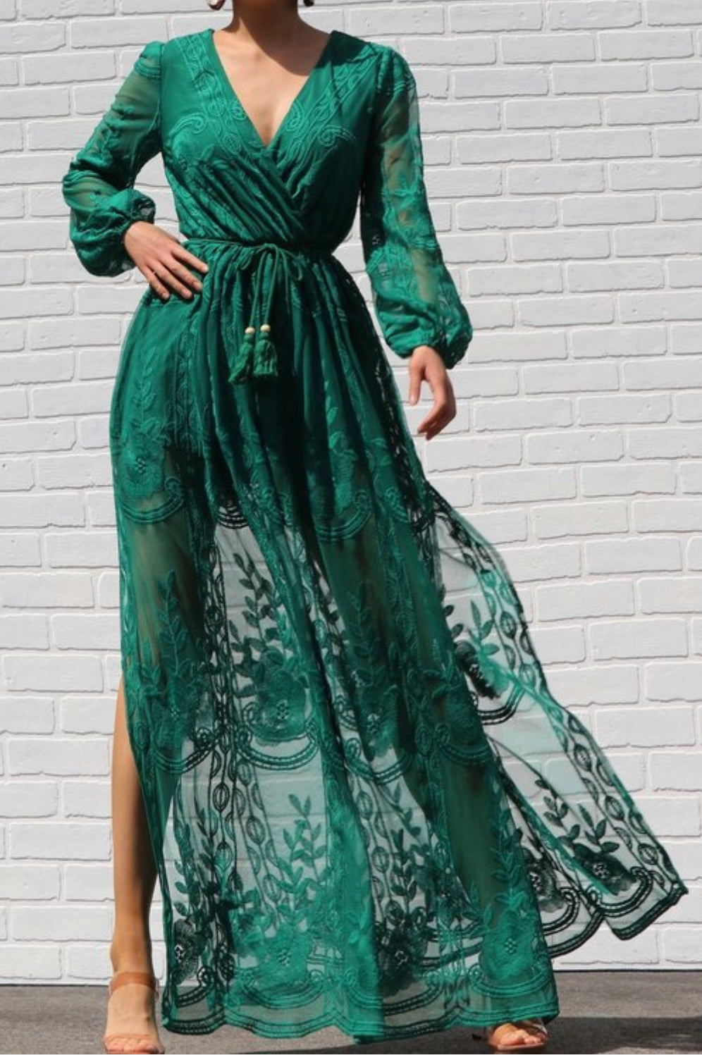 LACE PUFF LONG SLEEVES MAXI DRESS WITH BELT - BEYOU Apparel and Accessories