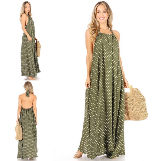 Oversized Polkadot Open Back With  Halter Neck Side Pocket Maxi Dress - BEYOU Apparel and Accessories