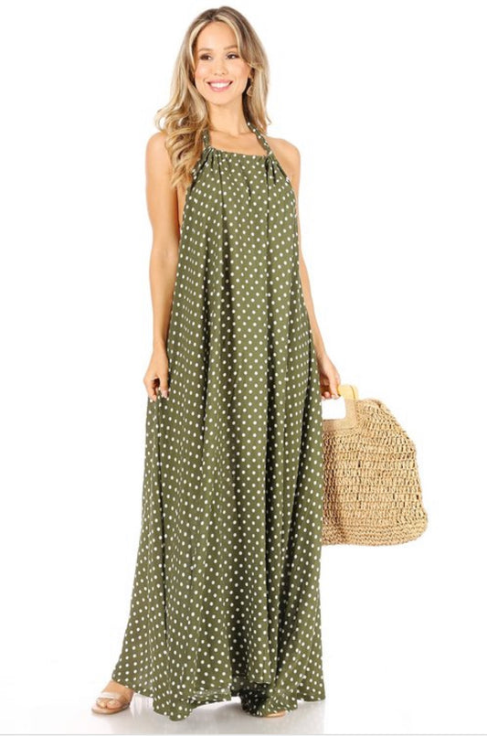 Polka print Oversized Open Back Maxi Dress With Halter Neck Side Pockets - BEYOU Apparel and Accessories