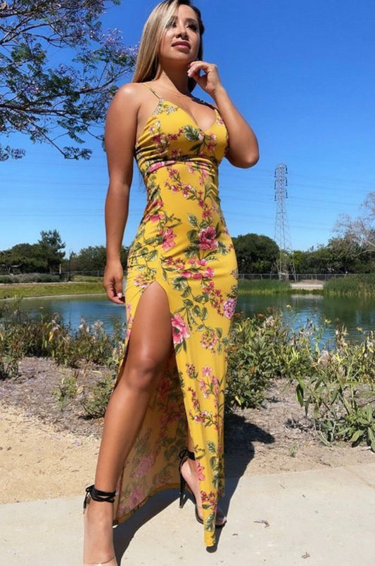 Floral Print With A V-neckline Maxi Dress - BEYOU Apparel and Accessories