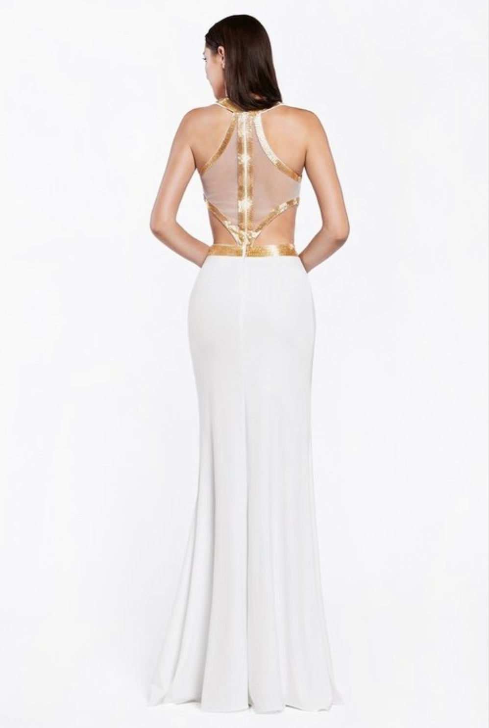 Fitted Jersey Gown With Beaded Cut Out And Halter Neckline Maxi Dress - BEYOU Apparel and Accessories