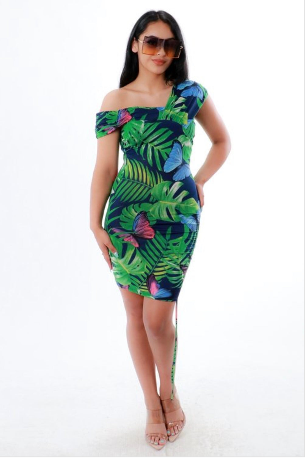 TROPICAL PATTERN UNBALANCED STRAP OFF SHOULDER BODYCON MINI DRESS - BEYOU Apparel and Accessories