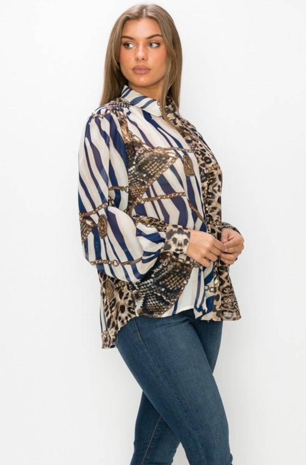 ZEBRA/ANIMAL/CHAIN PRINTED CHIFFON LONG SLEEVE BUTTON DOWN TOP NEW ARRIVAL - BEYOU Apparel and Accessories