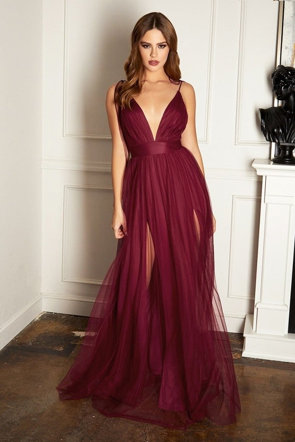 Tulle Skirt Leg Slit On Lining Layer Deep V-neck Adjustable Tie-strap Maxi Dress - BEYOU Apparel and Accessories